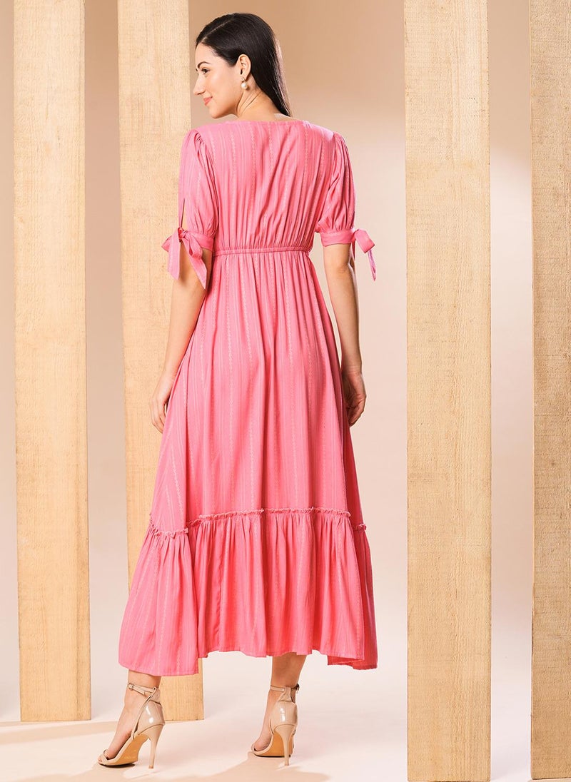 Globus Women Pink Self Design Gathered Waist High-Low Hem Fit & Flare Midi Dress - Image 4